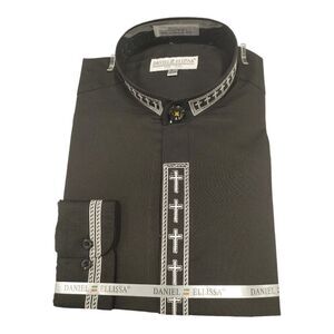 MEN'S DANIEL ELLISSA BLK W/WHITE EMBROIDERY BANDED COLLAR DRESS SHIRT. DS2005C.